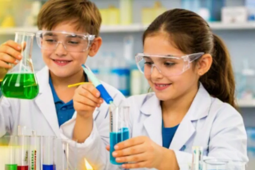 Zwei Kinder mit Schutzbrillen experimentieren mit bunten Flüssigkeiten