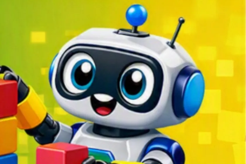 Illustration: freundlicher Roboter stapelt bunte Bausteine