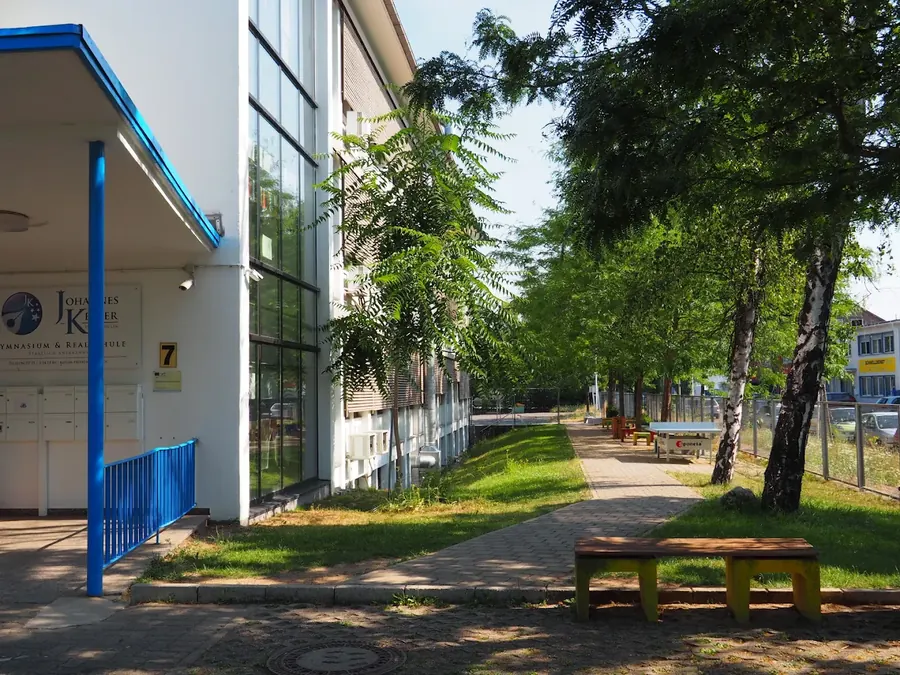 Der Schulhof mit Bänken und Bäumen